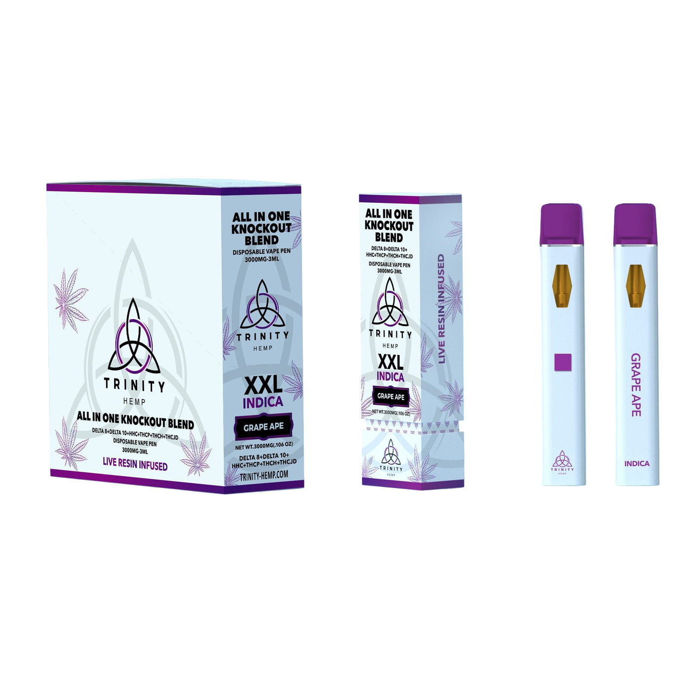 TRINITY HEMP KNOCKOUT BLEND 3ML (D8 + D10 + HHC + THCP + THCJD) DISPOSABLE GRAPE APE (INDICA) 810092745600