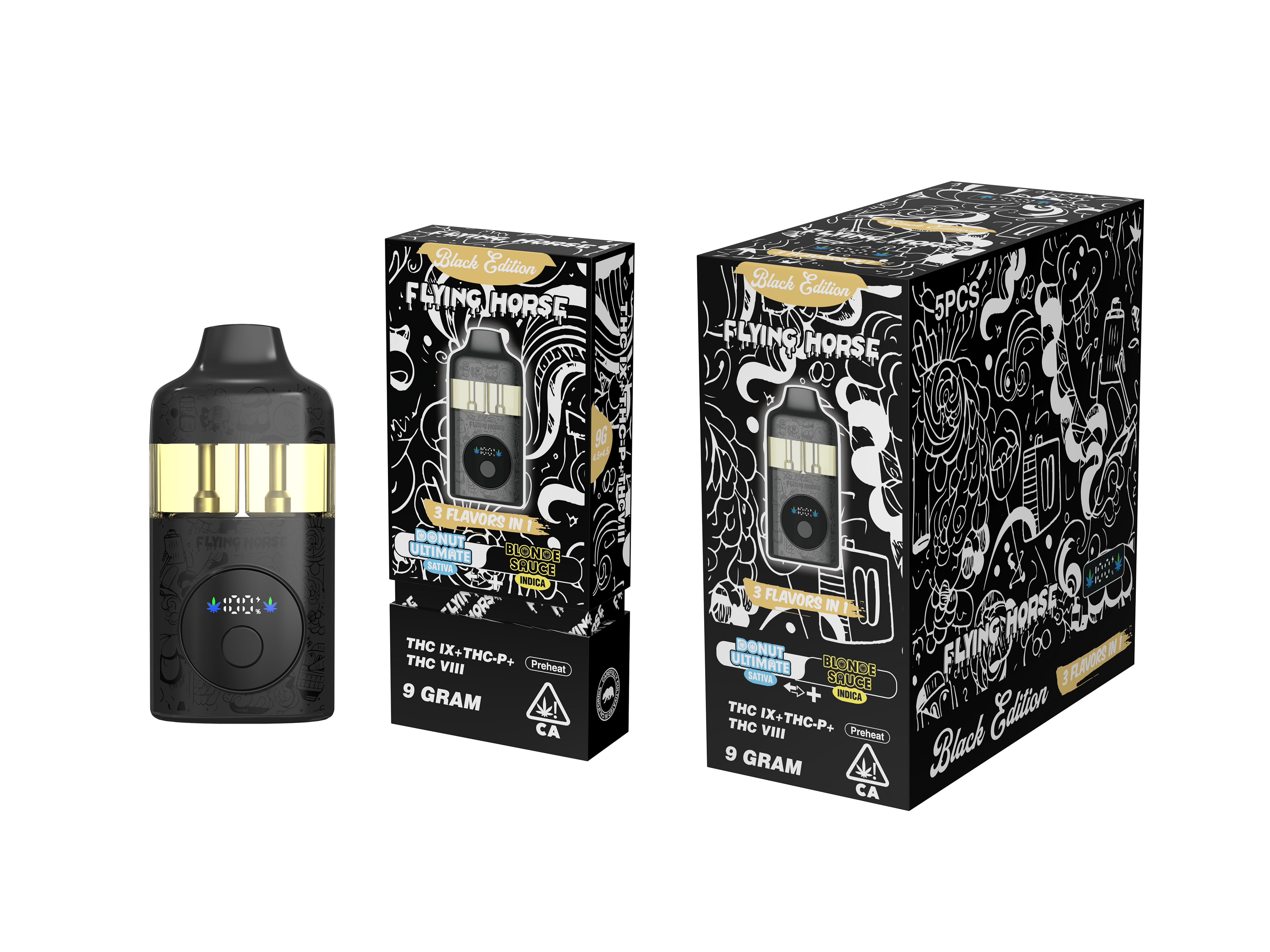FLYING HORSE BLACK EDITION (THC IX + THC-P + THC VIII) 3 IN 1 DISPOSABLE (5CT BOX)