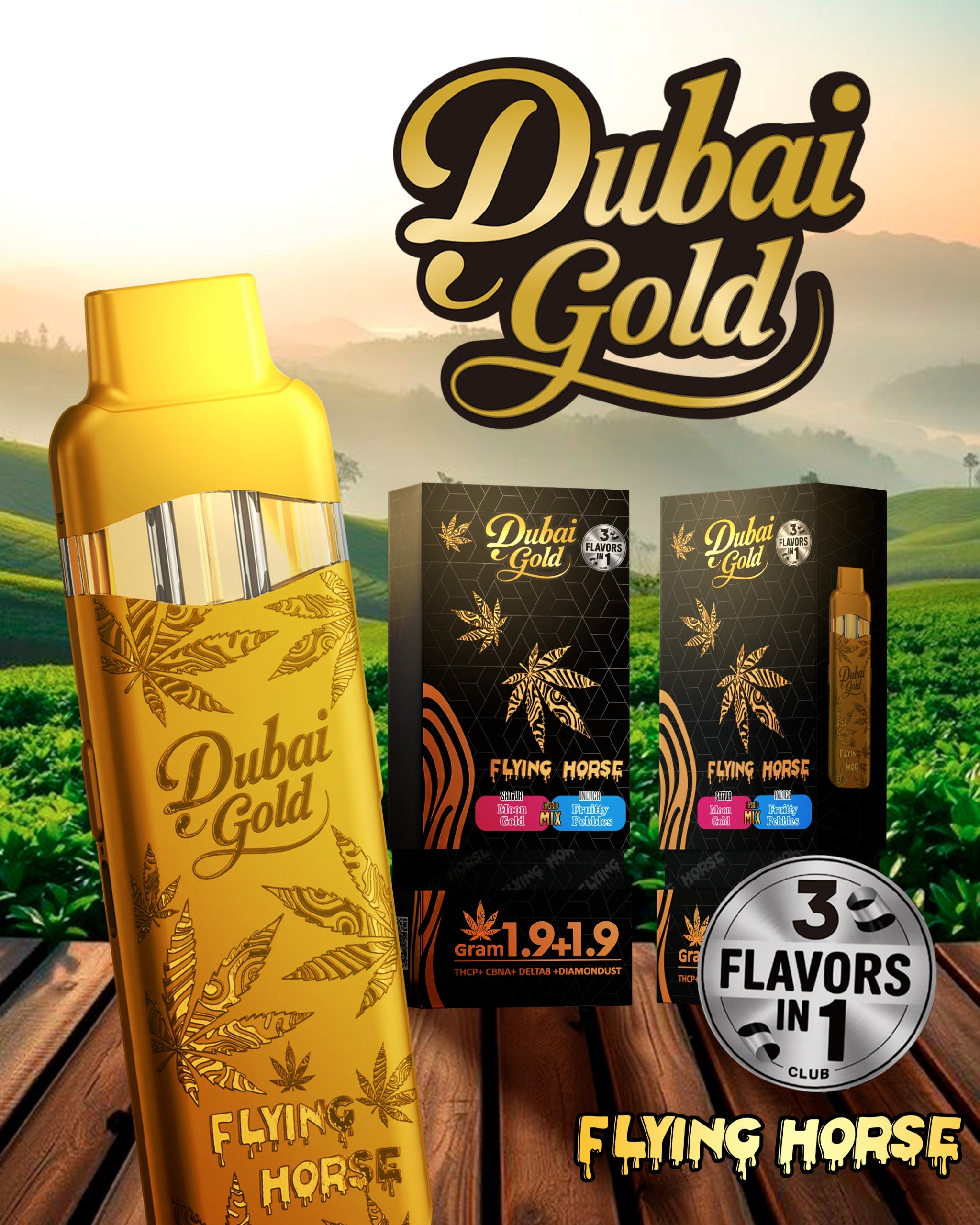 FLYING HORSE (THC IX + THC-P + THC VIII) 9 GRAM DUBAI GOLD DISPOSABLE (5CT BOX)