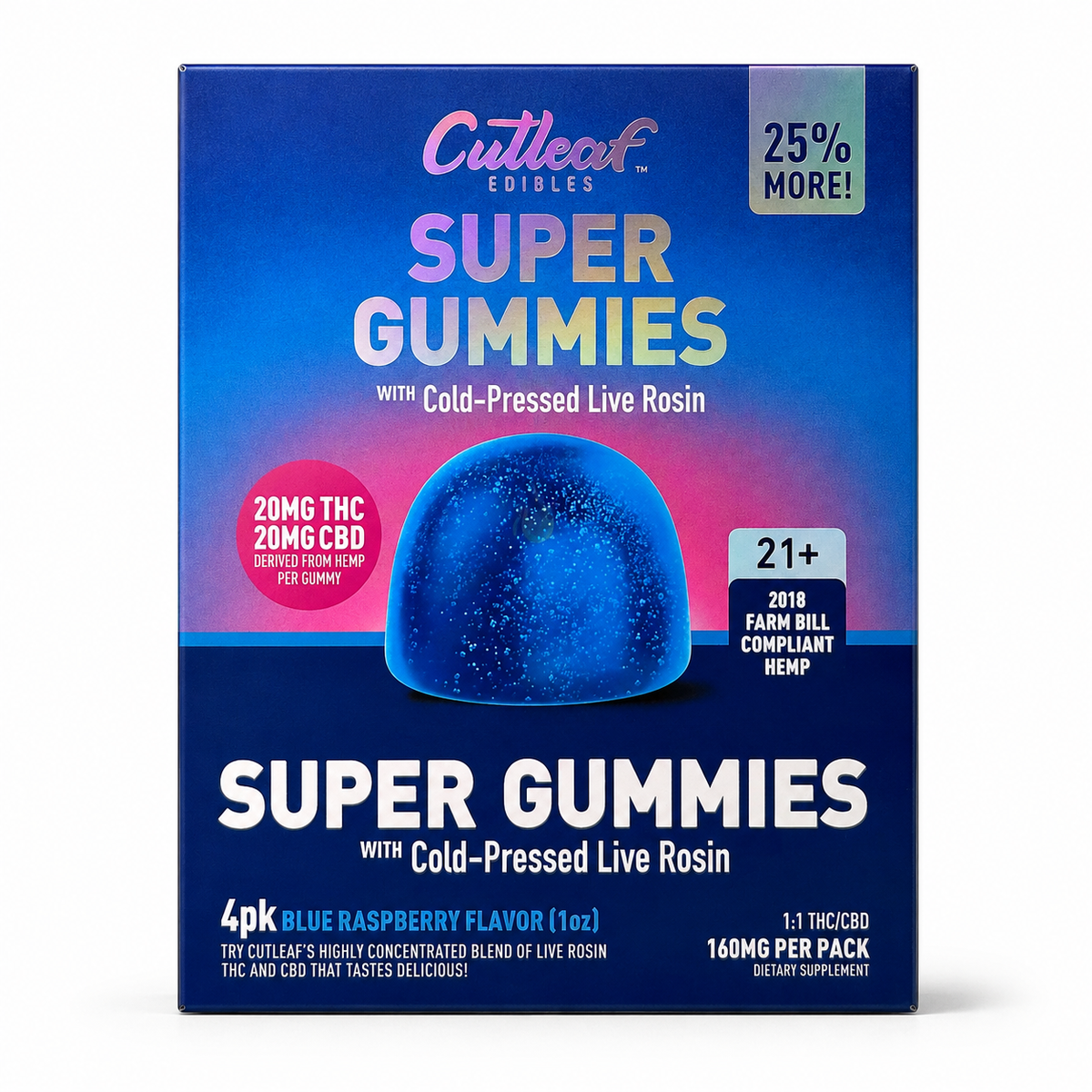 CUTLEAF SUPER GUMMIES COLD PRESSED LIVE ROSIN 20MG THC + 20MG CBD PER GUMM (4PC PER PACK) (10 PACK / DISPLAY)