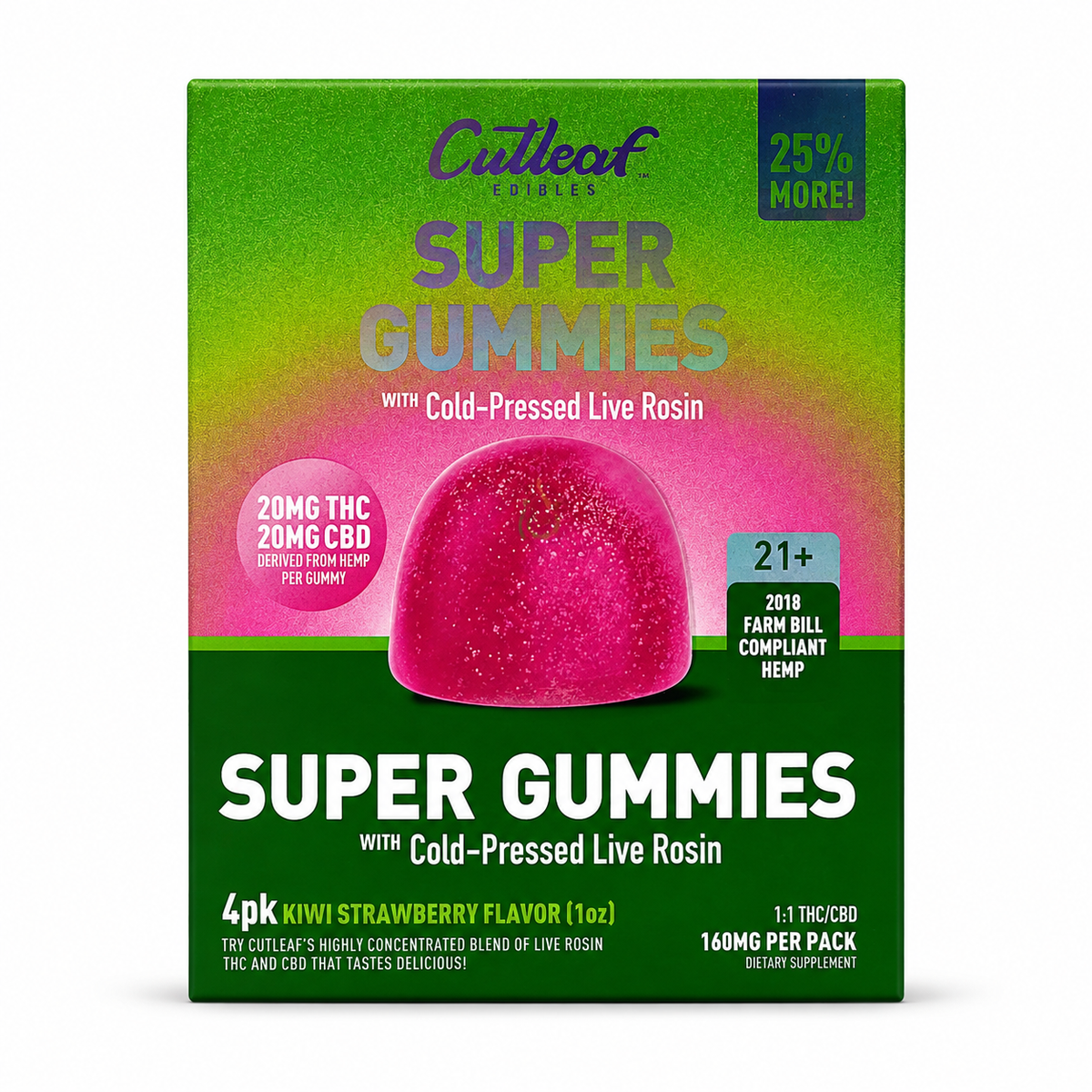 CUTLEAF SUPER GUMMIES COLD PRESSED LIVE ROSIN 20MG THC + 20MG CBD PER GUMM (4PC PER PACK) (10 PACK / DISPLAY)