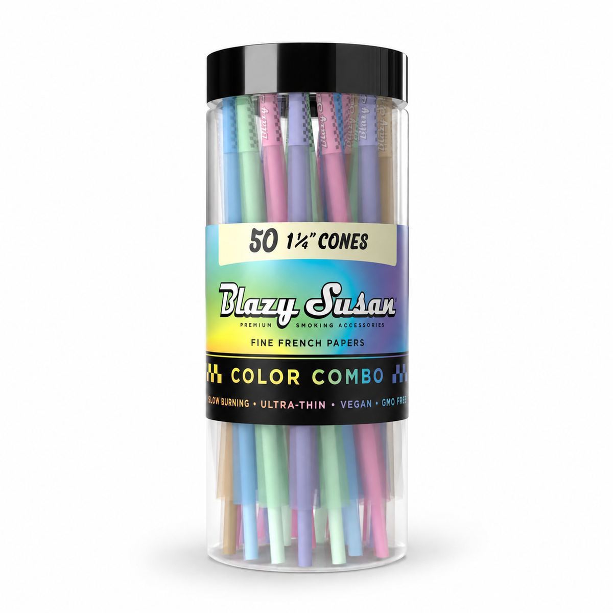 BLAZY SUSAN 1 1/4 PRE ROLLED CONES (50CT/JAR) | RAINBOW