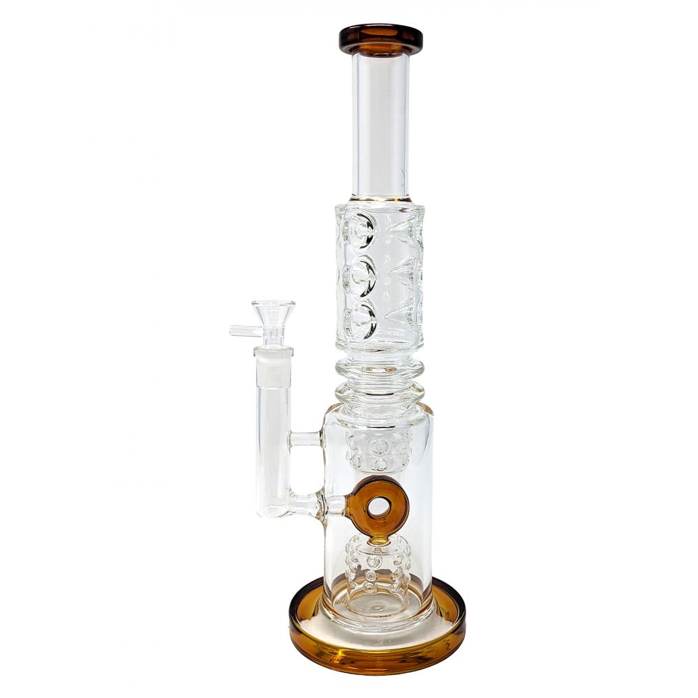14" MULTI PINCH DOUBLE TUBE DONUT PERC WATER PIPE (HAJ-2219) AMBER HAJ2219-YL