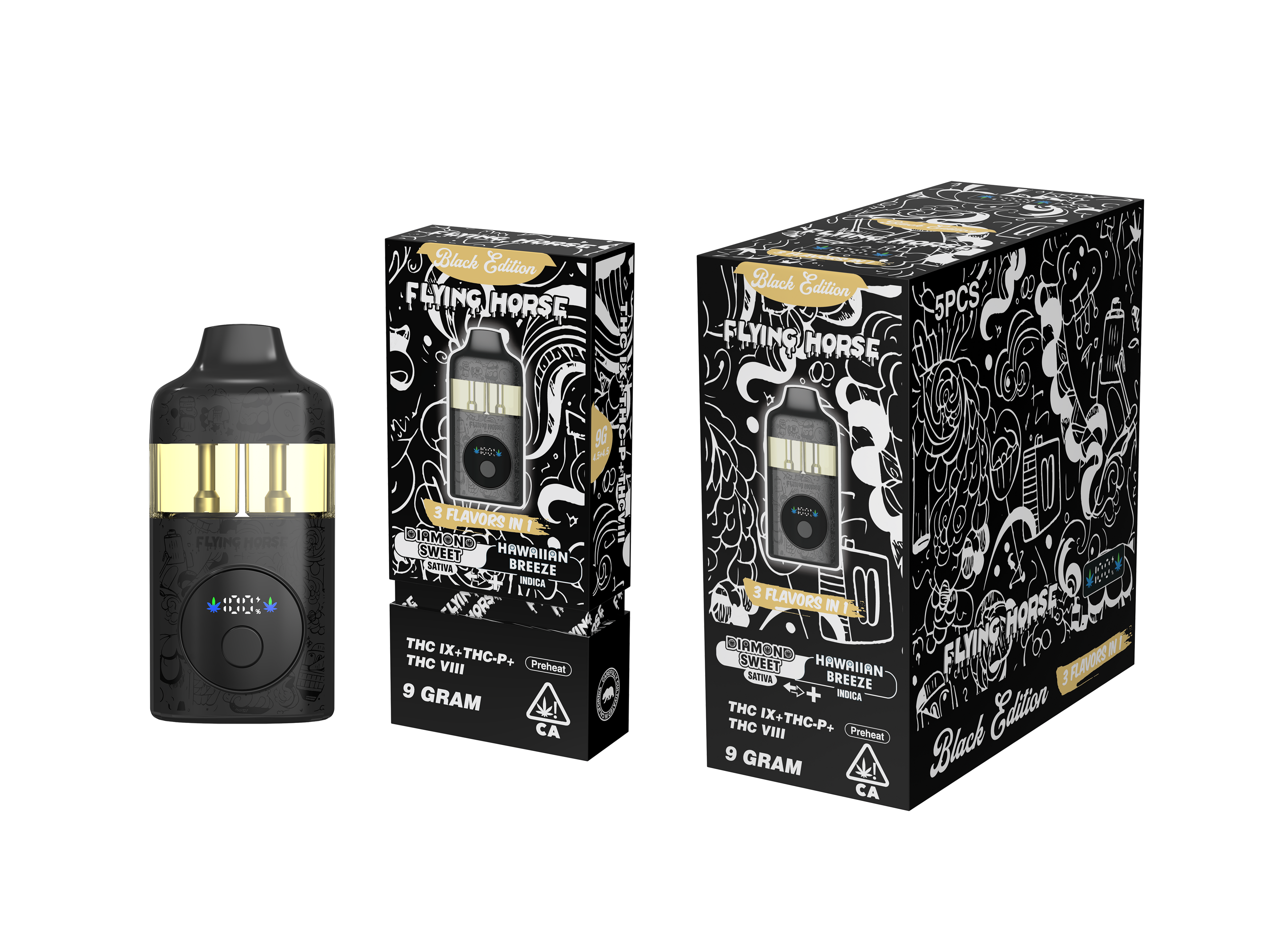 FLYING HORSE BLACK EDITION (THC IX + THC-P + THC VIII) 3 IN 1 DISPOSABLE (5CT BOX)