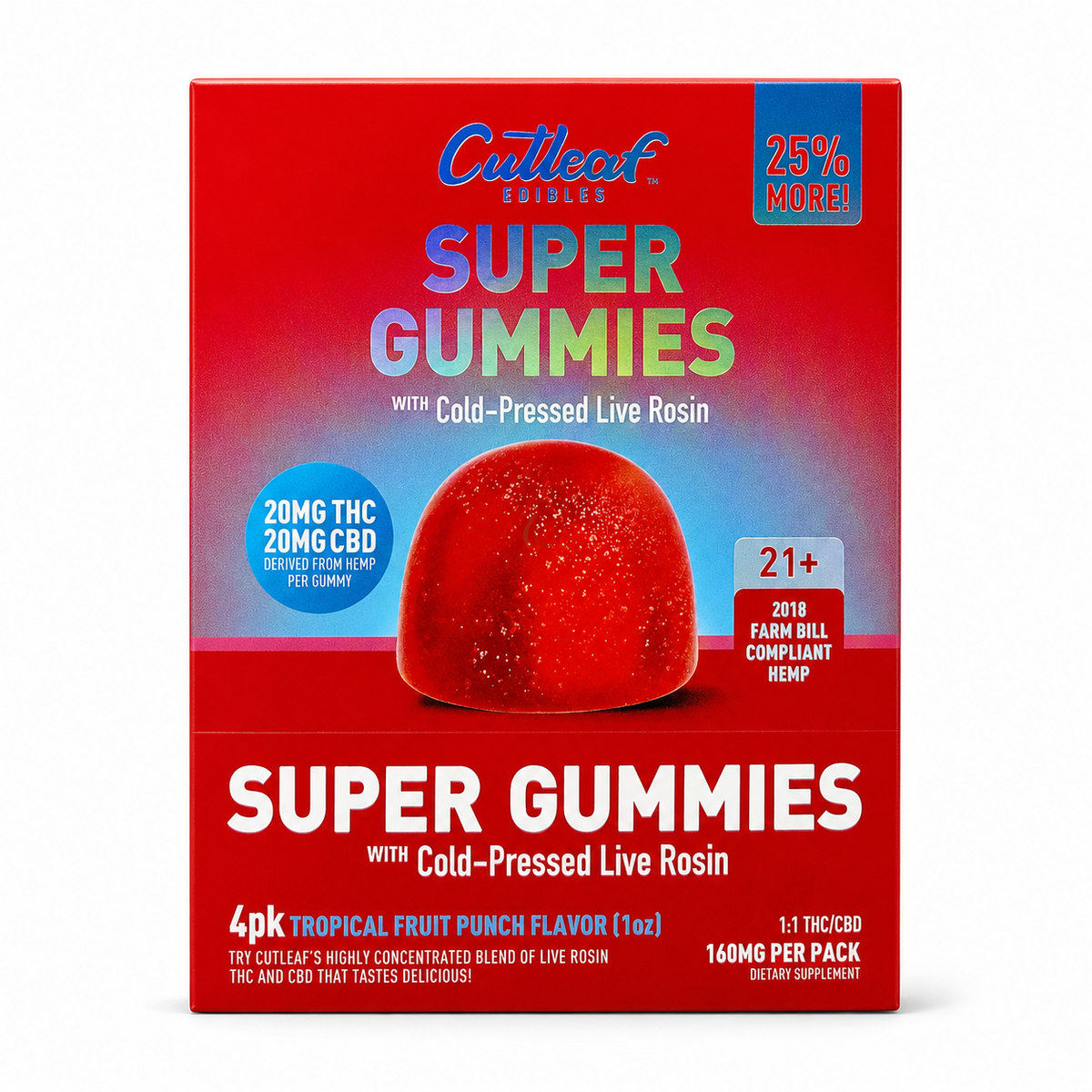 CUTLEAF SUPER GUMMIES COLD PRESSED LIVE ROSIN 20MG THC + 20MG CBD PER GUMM (4PC PER PACK) (10 PACK / DISPLAY)