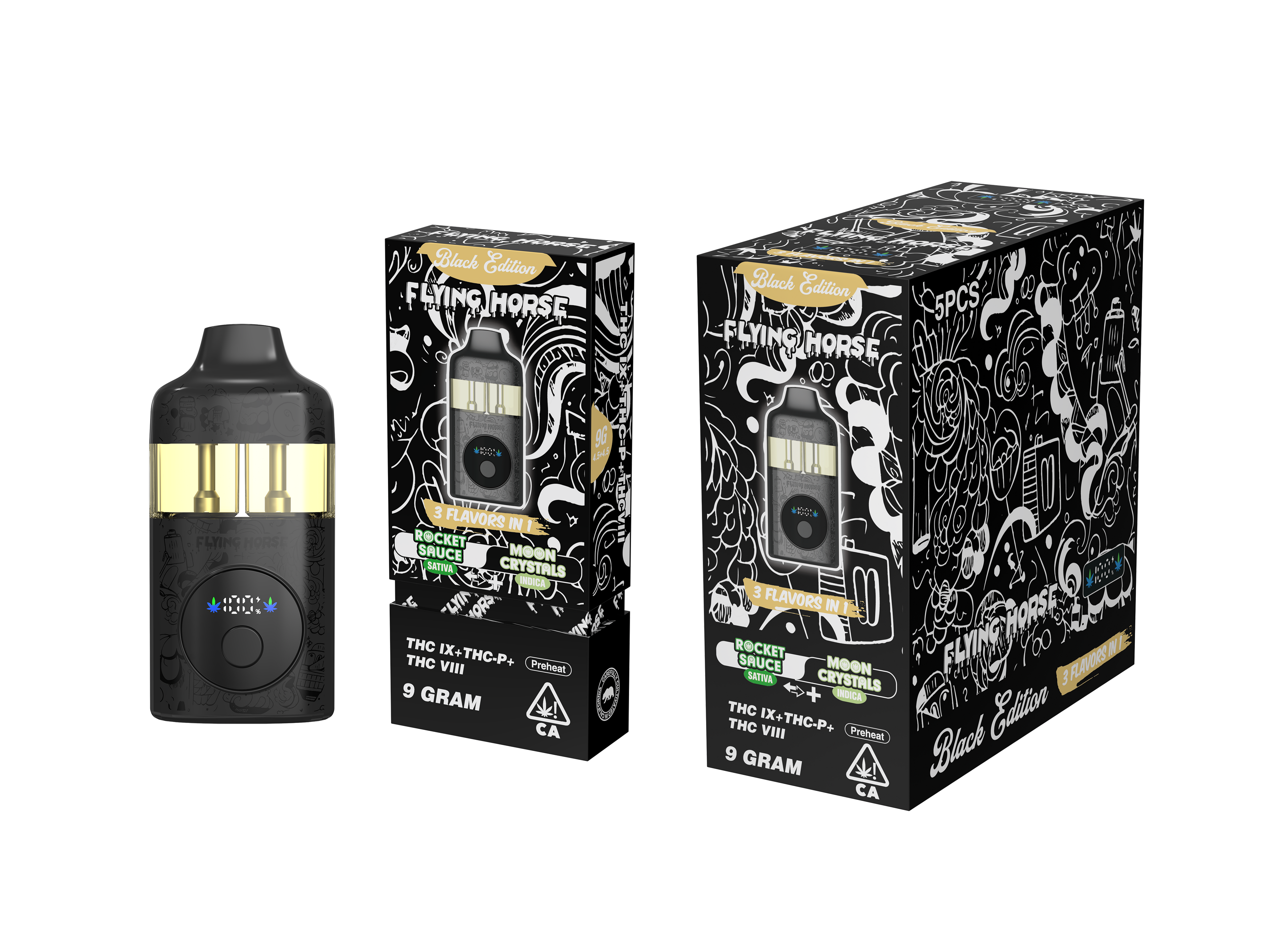 FLYING HORSE BLACK EDITION (THC IX + THC-P + THC VIII) 3 IN 1 DISPOSABLE (5CT BOX)