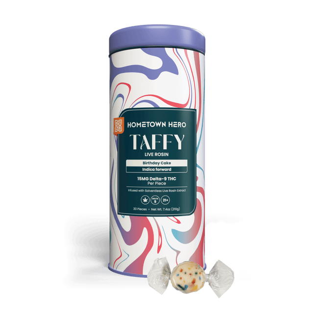 HOMETOWN HERO 15MG D9 LIVE ROSIN TAFFY (30CT/JAR)