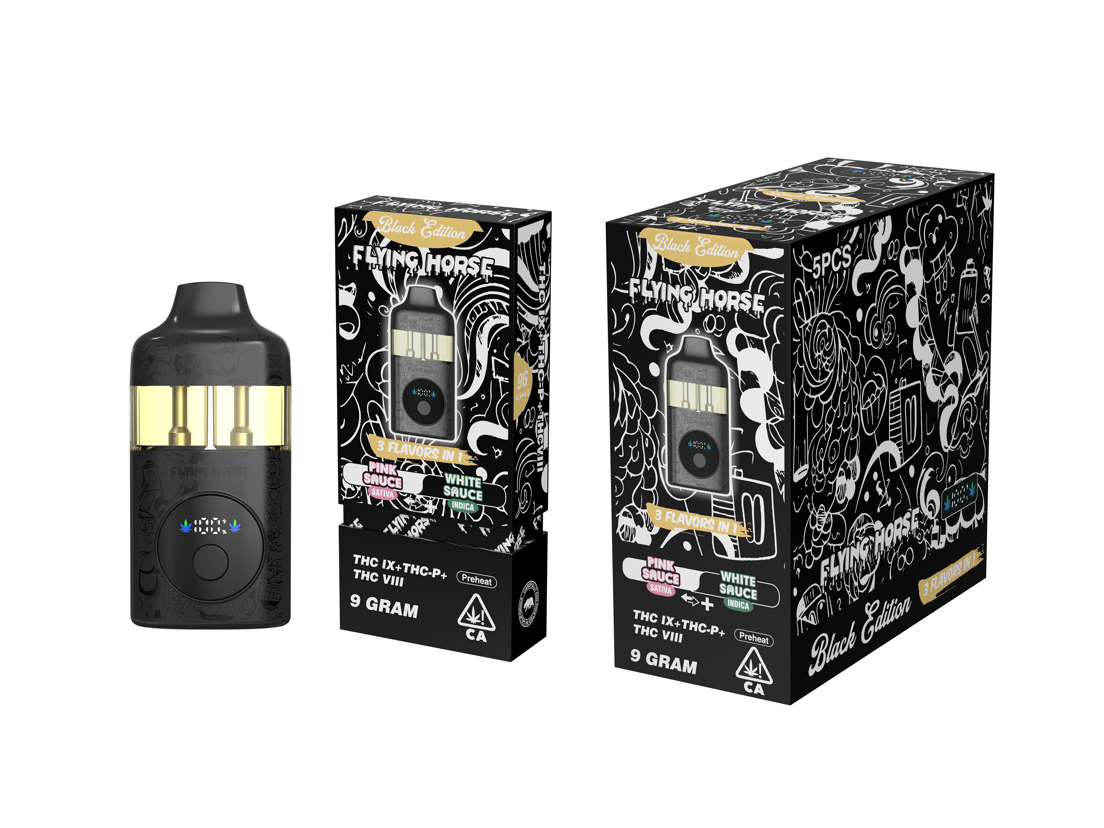 FLYING HORSE BLACK EDITION (THC IX + THC-P + THC VIII) 3 IN 1 DISPOSABLE (5CT BOX)