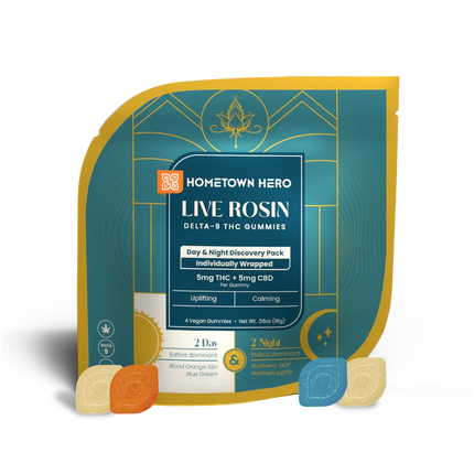 HOMETOWN HERO 25MG D9 DAY & NIGHT GUMMIES (4CT/PACK) | BLUE DREAM (S) + NORTHERN LIGHTS (I)