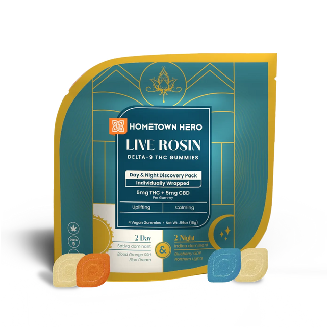 HOMETOWN HERO 25MG D9 DAY & NIGHT GUMMIES (4CT/PACK) | BLUE DREAM (S) + NORTHERN LIGHTS (I)