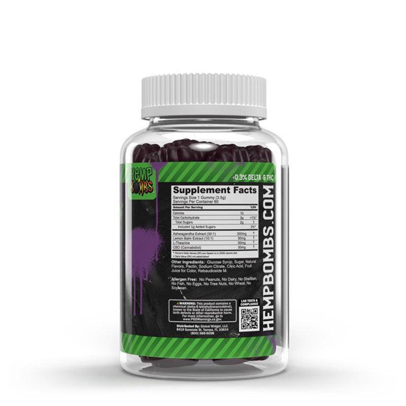 HEMP BOMBS 1800MG CBD + ASHWAGANDHA GUMMIES (60CT/JAR) | GRAPE CHILL