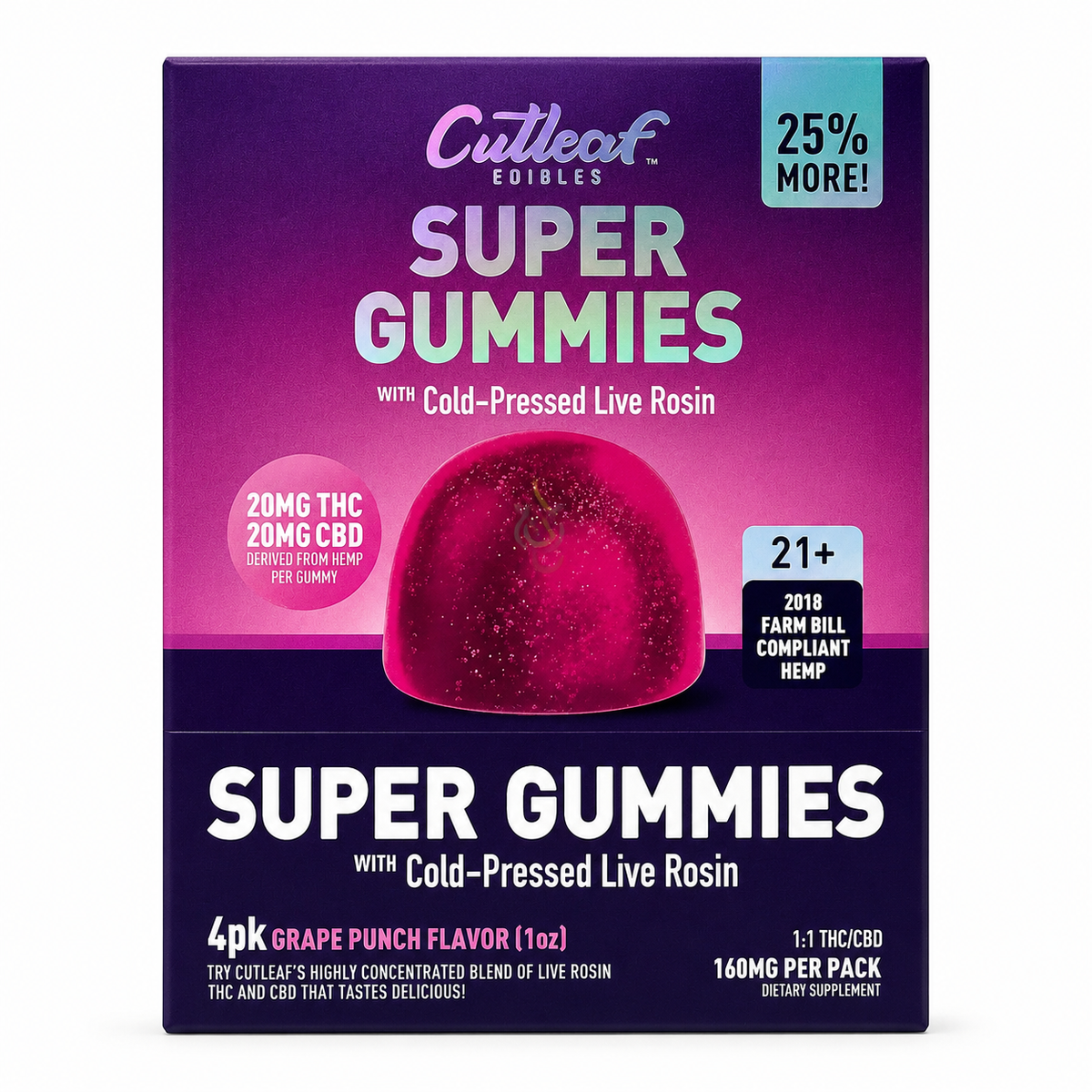 CUTLEAF SUPER GUMMIES COLD PRESSED LIVE ROSIN 20MG THC + 20MG CBD PER GUMM (4PC PER PACK) (10 PACK / DISPLAY)