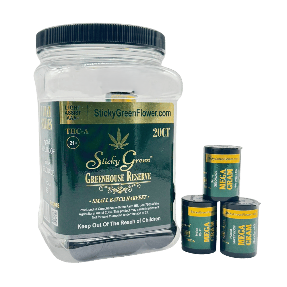 STICKY GREEN GREENHOUSE RESERVE 1 GRAM THC-A FLOWER (ASSORTED STRAINS 20CT JAR)