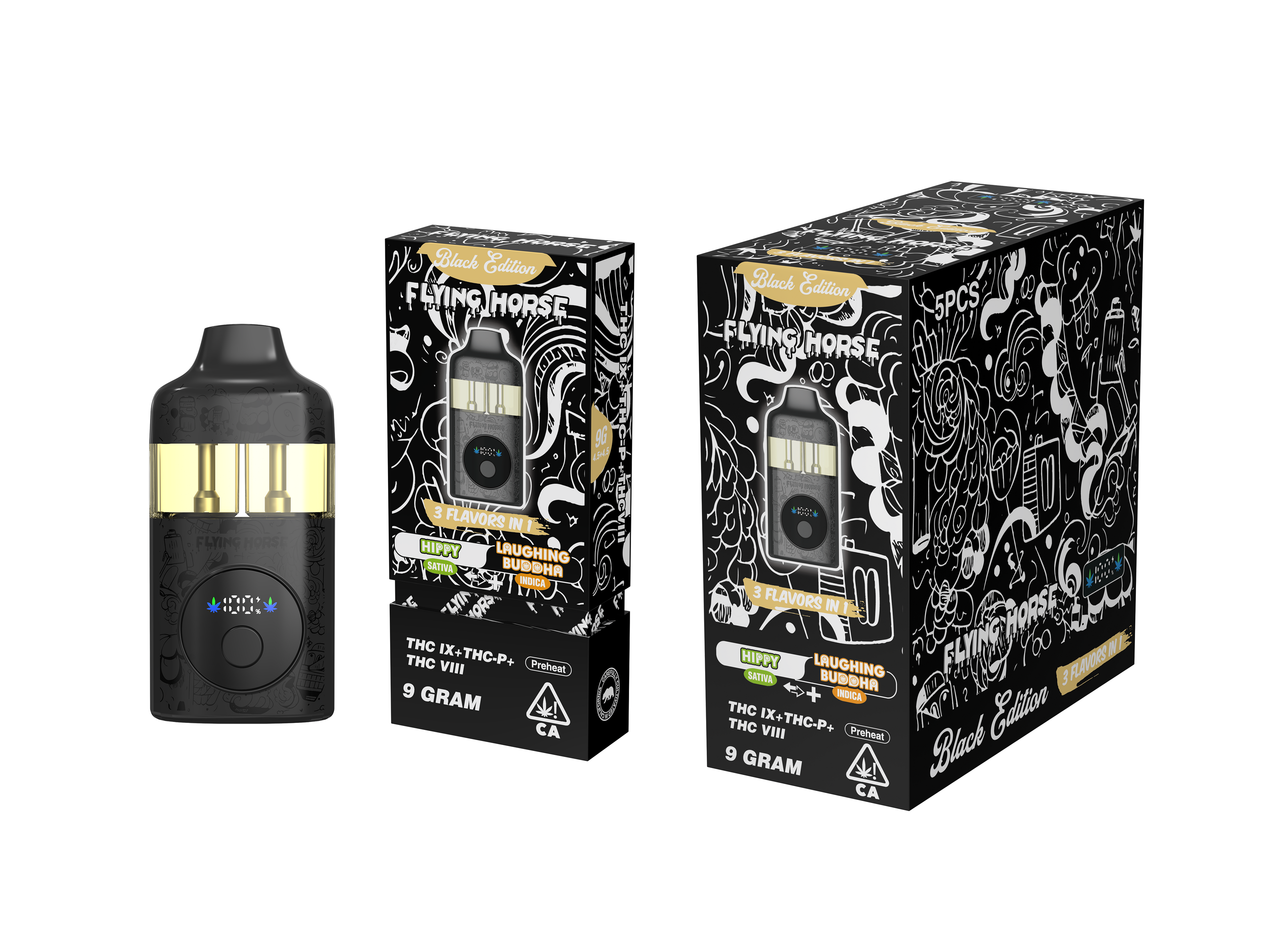 FLYING HORSE BLACK EDITION (THC IX + THC-P + THC VIII) 3 IN 1 DISPOSABLE (5CT BOX)