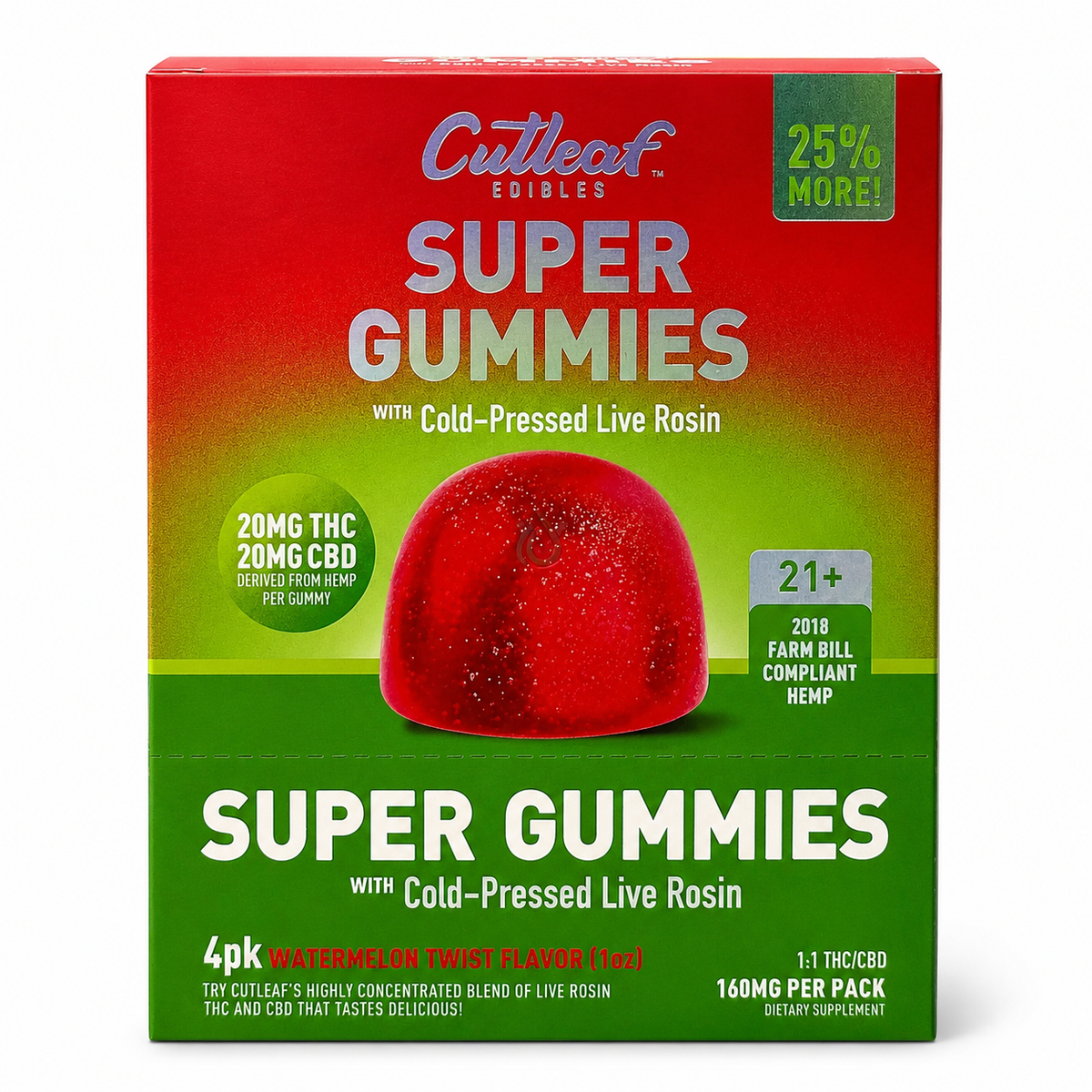 CUTLEAF SUPER GUMMIES COLD PRESSED LIVE ROSIN 20MG THC + 20MG CBD PER GUMM (4PC PER PACK) (10 PACK / DISPLAY)