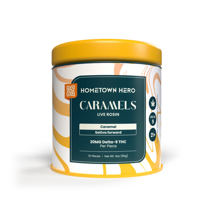 HOMETOWN HERO 20MG D9 LIVE ROSIN CARAMELS (10CT/JAR)