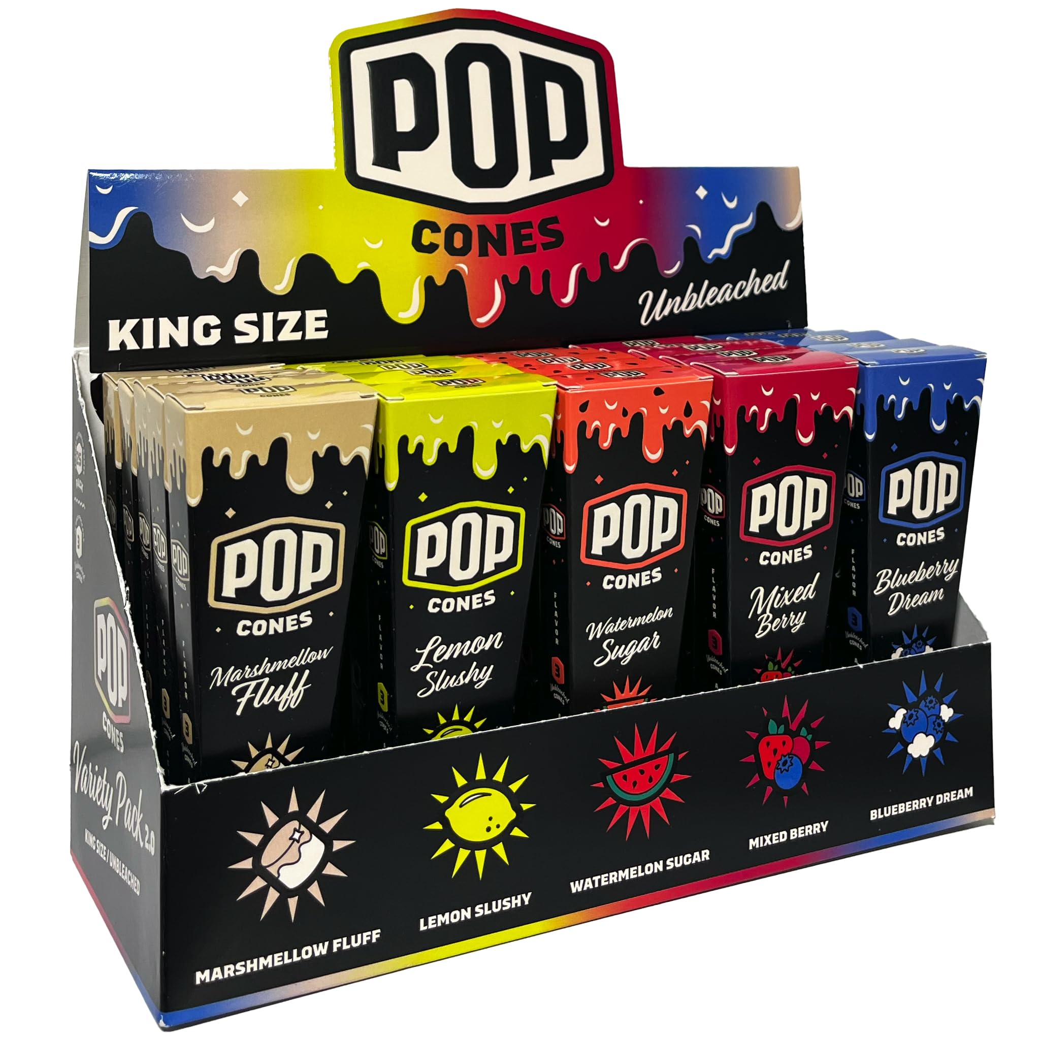 POP CONES KING SIZE UNBLEACHED CONES (25PK BOX) | ASSORTED FLAVORS