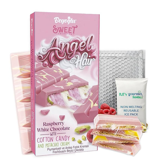 BEYOGLU SWEET COLLETION ANGEL HAIR RASPBERRY WHITE CHOCOLATE WITH COTTON CANDY & PISTACHIO CREAM 170G EACH (6CT BOX)