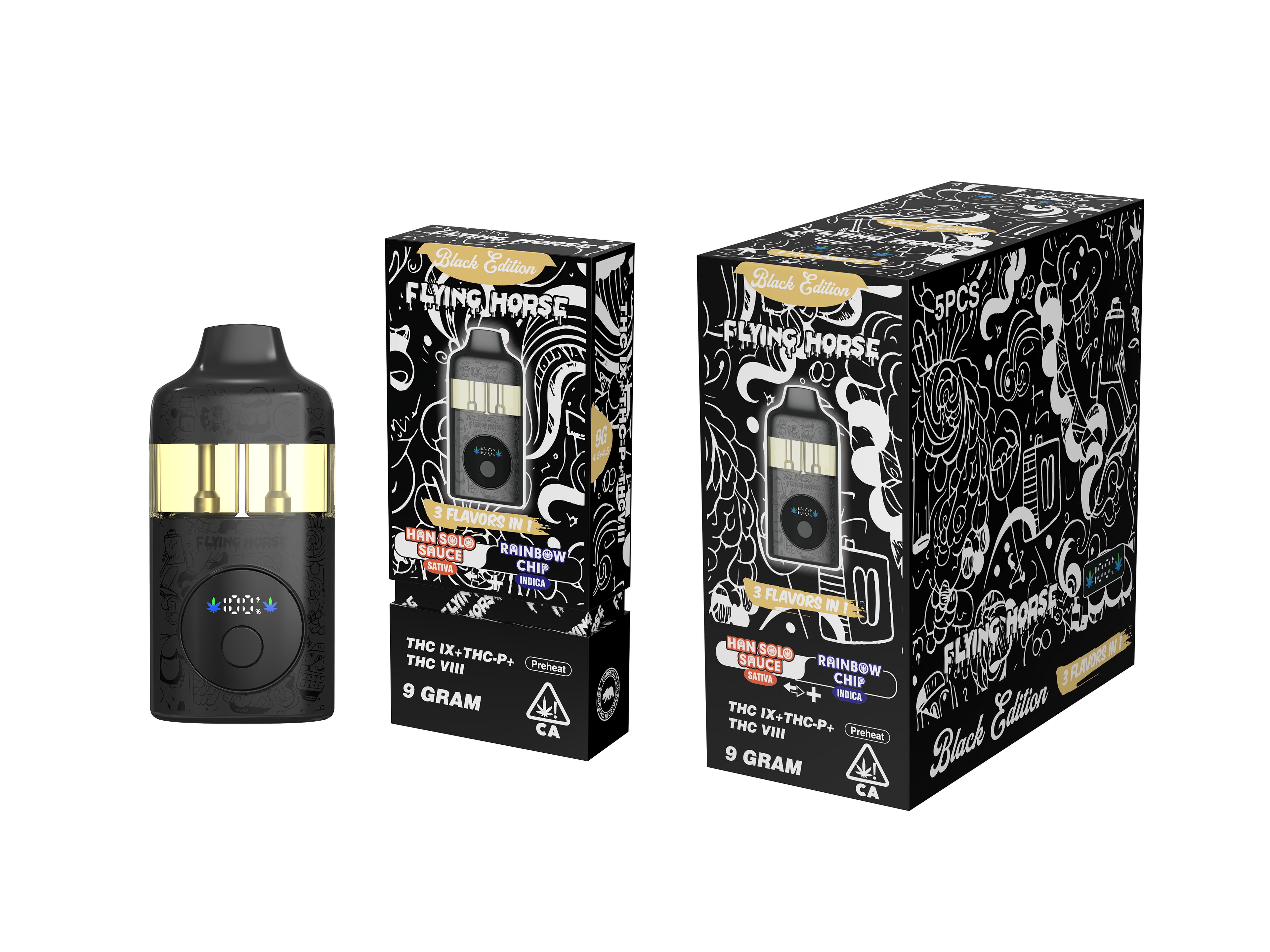 FLYING HORSE BLACK EDITION (THC IX + THC-P + THC VIII) 3 IN 1 DISPOSABLE (5CT BOX)