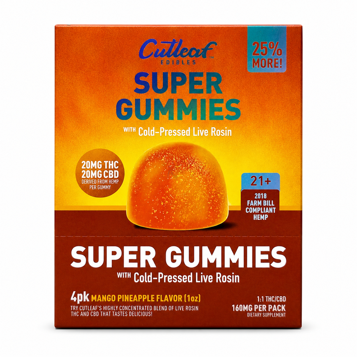 CUTLEAF SUPER GUMMIES COLD PRESSED LIVE ROSIN 20MG THC + 20MG CBD PER GUMM (4PC PER PACK) (10 PACK / DISPLAY)