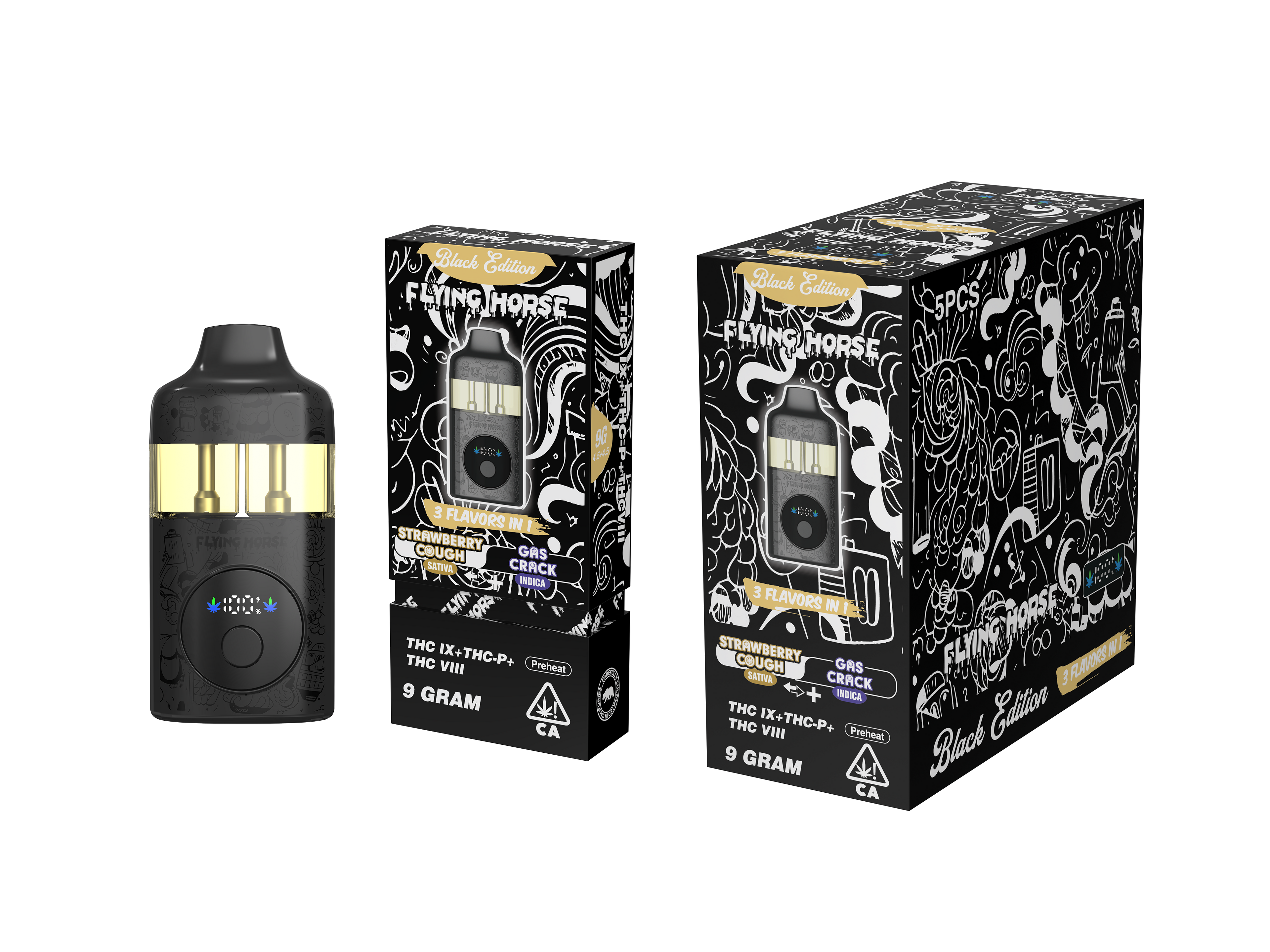FLYING HORSE BLACK EDITION (THC IX + THC-P + THC VIII) 3 IN 1 DISPOSABLE (5CT BOX)
