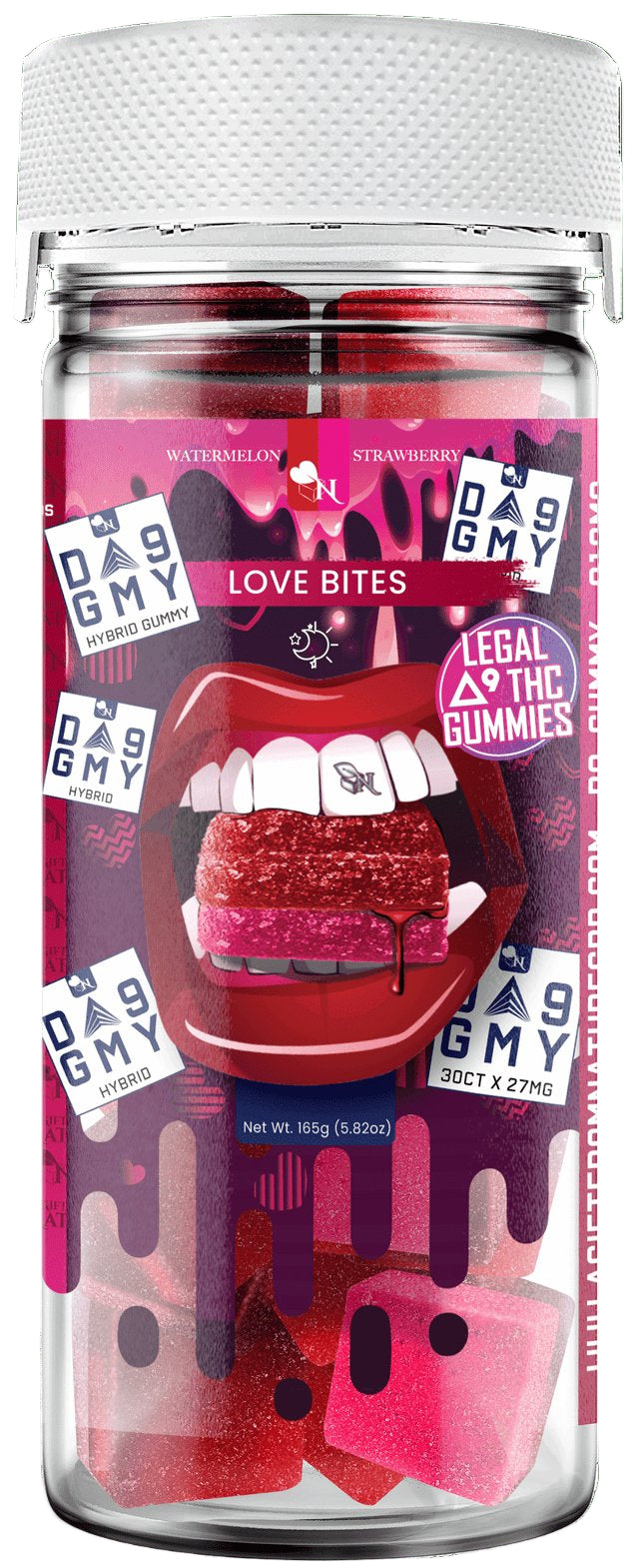 AGFN D9 GMY 810MG FULL SPECTRUM DELTA-9 THC HYBRID GUMMIES - 30CT JAR - LOVE BITES (WATERMELON & STRAWBERRY)