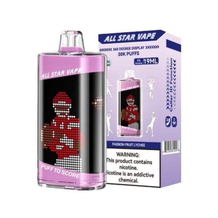 ALL STAR VAPE 30K PUFFS CALLER ID FUNCTION 360 DISPLAY SCREEN 5% DISPOSABLE (5CT DISPLAY) PASSION FRUIT LYCHEE 840395814352