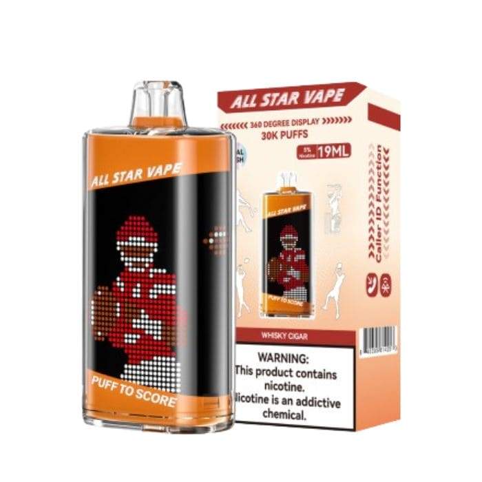 ALL STAR VAPE 30K PUFFS CALLER ID FUNCTION 360 DISPLAY SCREEN 5% DISPOSABLE (5CT DISPLAY) WHISKY CIGAR 840395814369
