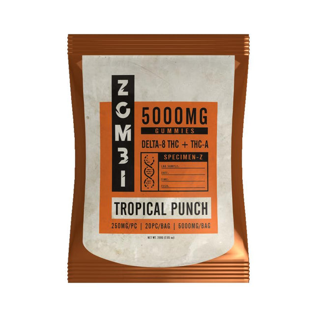ZOMBI 5000MG D8-THC + THC-A BLEND 20PC/BAG TROPICAL PUNCH 850057531466