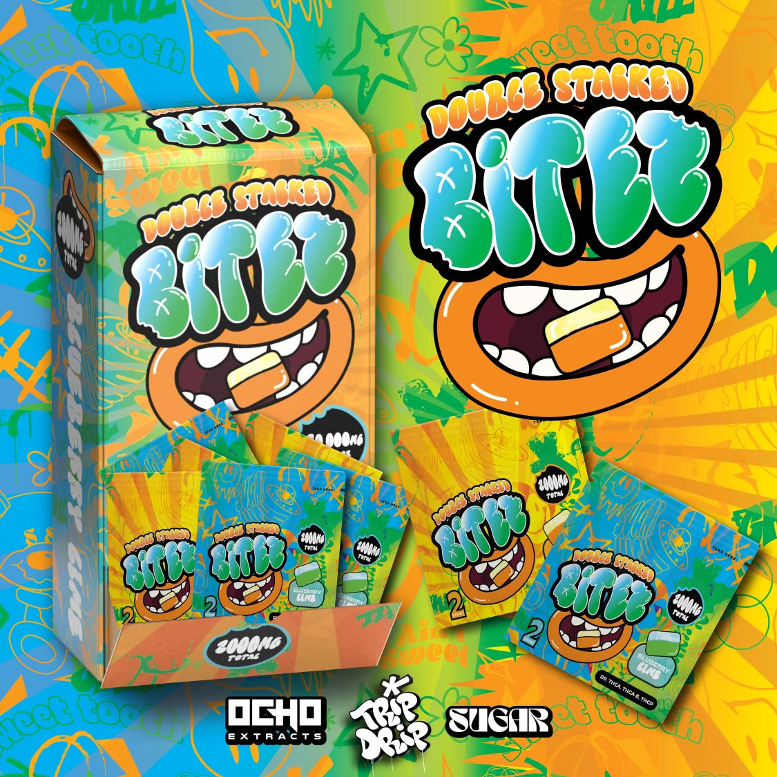 BITEZ DOUBLE STACKED D9 + THC-A + THCA-B + THC-P (2000MG / PACK) / (120,000MG / DISPLAY OF 60)