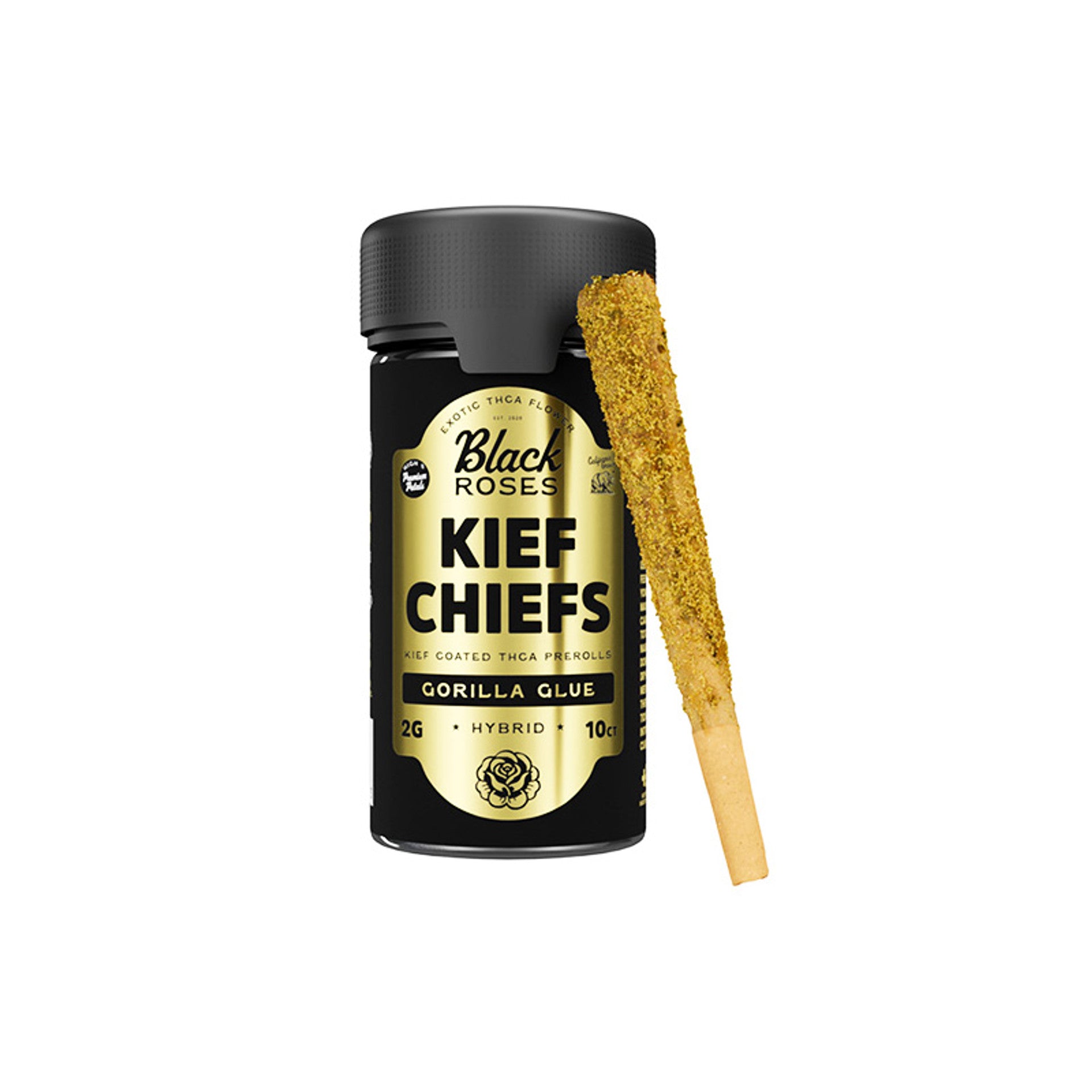 BLACK ROSES KIEF COATED THCA PREROLLS 2 GRAM EACH (10CT JAR)