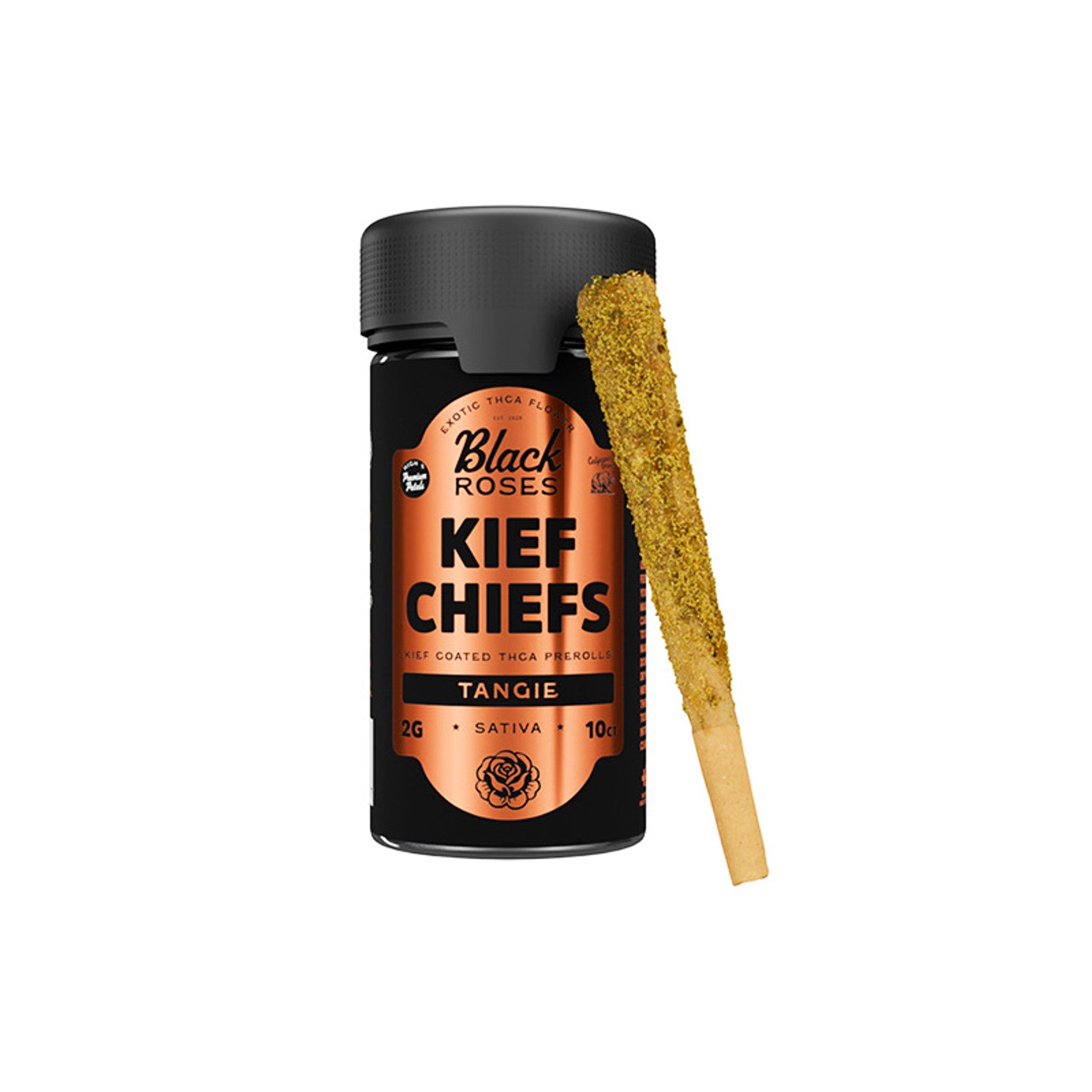 BLACK ROSES KIEF COATED THCA PREROLLS 2 GRAM EACH (10CT JAR)