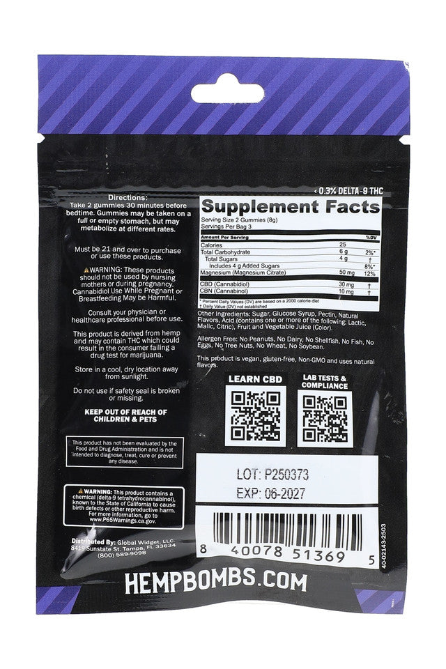 HEMP BOMBS 120MG CBD MELATONIN-FREE SLEEP GUMMIES 6PC PER BAG - DREAM BERRY