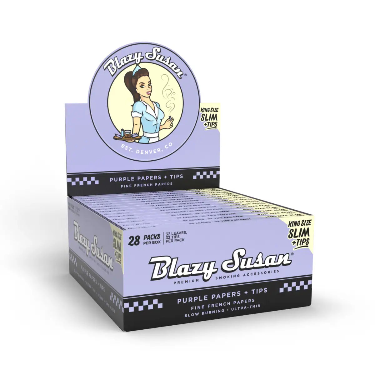 BLAZY SUSAN KING SIZE SLIM ROLLING PAPERS (28PK BOX) | PURPLE (W/ TIPS)