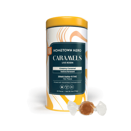 HOMETOWN HERO 20MG D9 LIVE ROSIN CARAMELS (20CT/JAR)