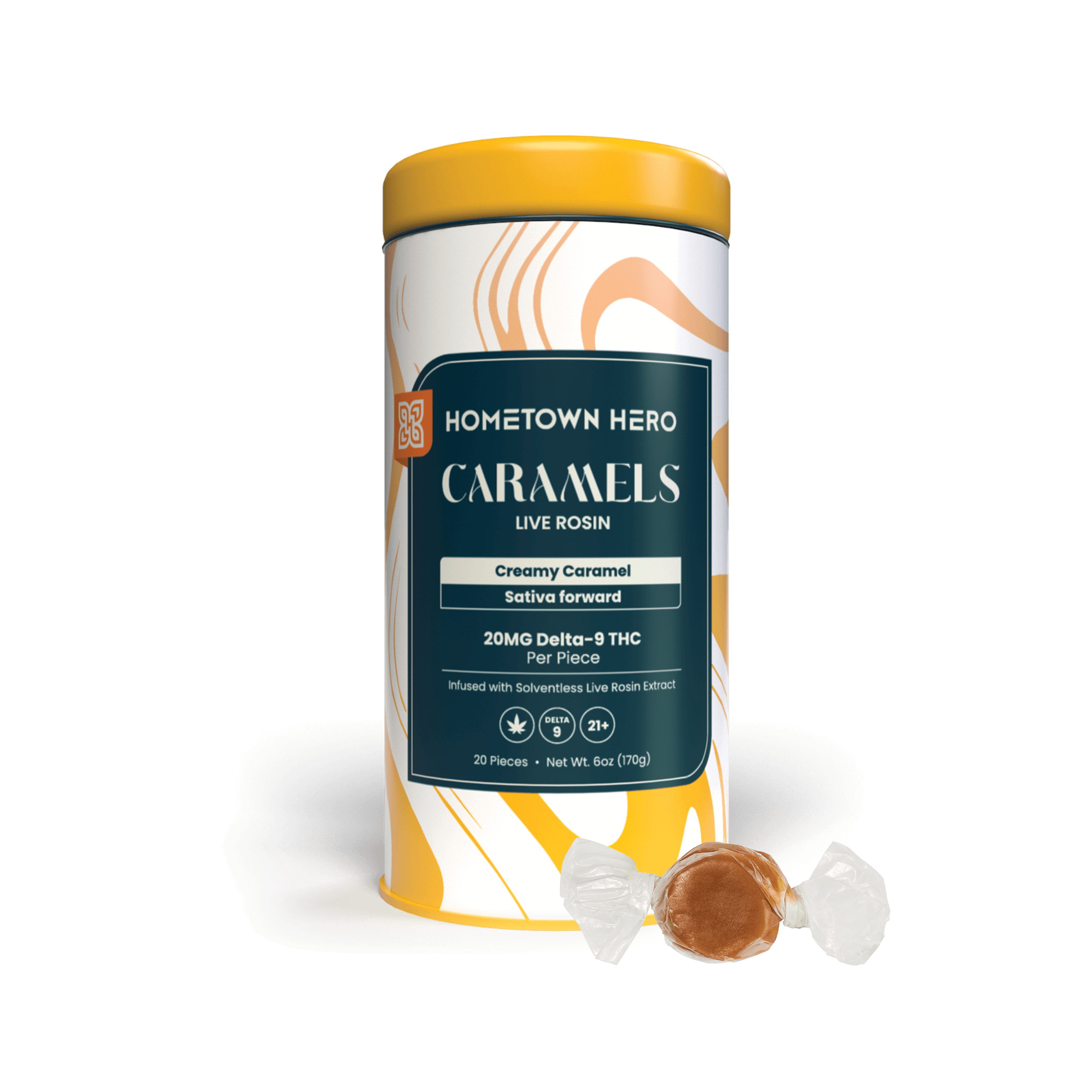 HOMETOWN HERO 20MG D9 LIVE ROSIN CARAMELS (20CT/JAR)