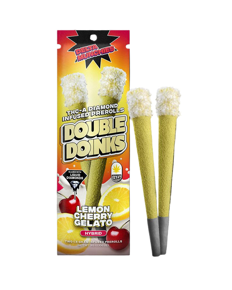 DELTA MUNCHIES DOUBLE DOINKS 1.5 GRAM THC-A PRE ROLL PACK OF 2 EACH LEMON CHERRY GELATO 213888647346