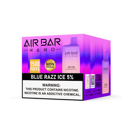 AIR BAR NANO 1500 PUFFS 5% DISPOSABLE 10CT/DISPLAY BLUE RAZZ ICE 840189925158