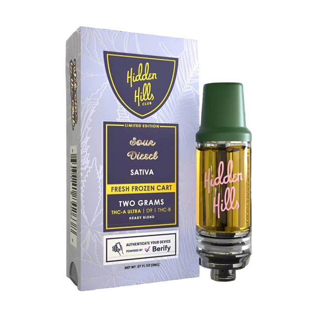 HIDDEN HILLS FRESH FROZEN (THC-A ULTRA + D9 + THC-B) HEADY BLEND 2 GRAM CARTRIDGE SOUR DIESEL (SATIVA) 643781842638