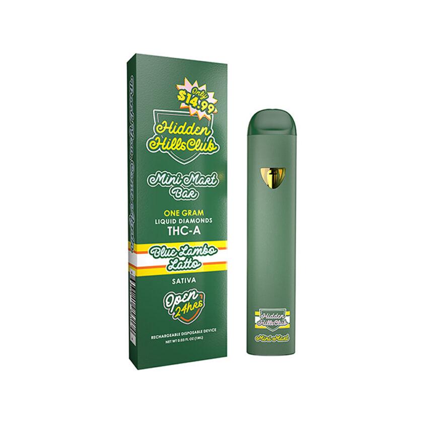 HIDDEN HILLS MINI MART BAR THC-A LIQUID DIAMONDS 1 GRAM DISPOSABLE BLUE LAMBO LATTO (SATIVA) 643781953174