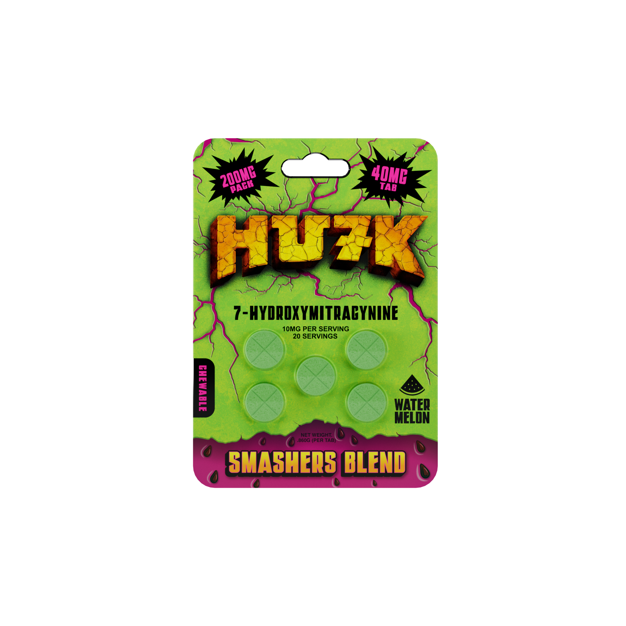 HULK 7-HYDROXYMITRAGYNINE 200MG CHEWABLE TABLETS (40MG x 5CT/PK)