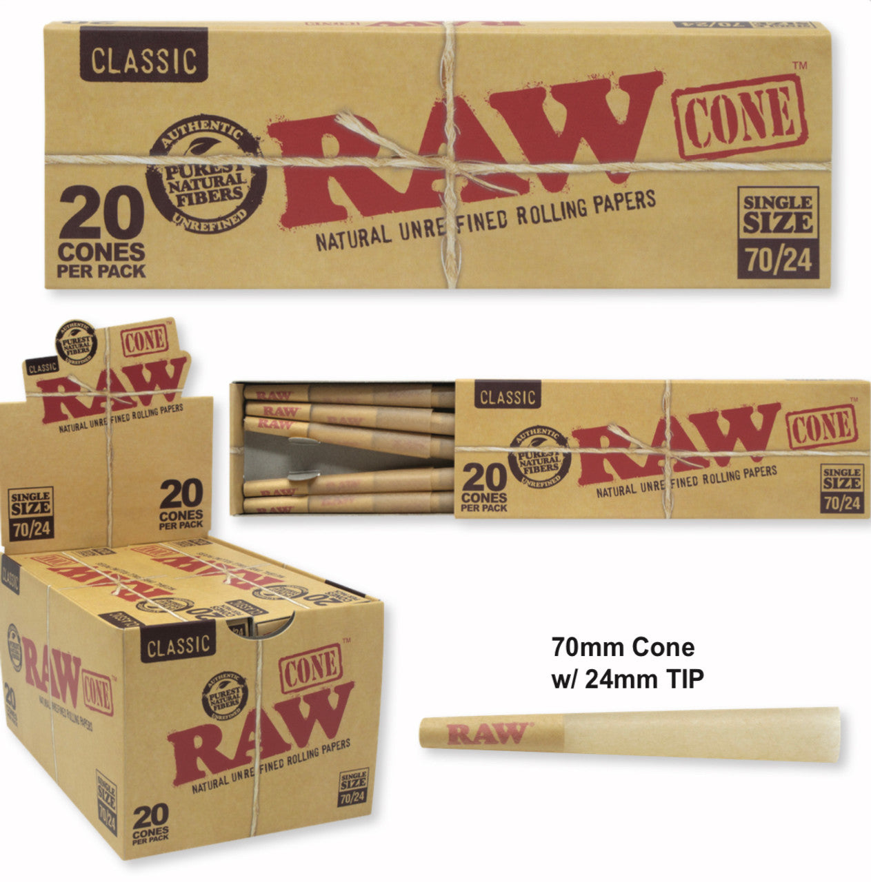 RAW CLASSIC 70MM/24MM CONES 20ct/PK 12CT/DISPLAY