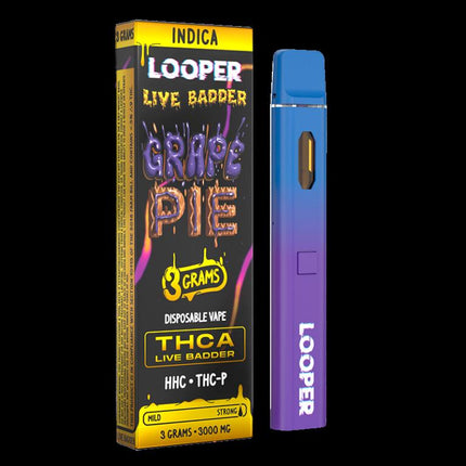 LOOPER 3 GRAM THCA LIVE BADDER + HHC + THC-P DISPOSABLE GRAPE PIE (INDICA) 810110044722