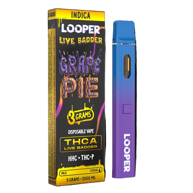 LOOPER 3 GRAM THCA LIVE BADDER + HHC + THC-P DISPOSABLE GRAPE PIE (INDICA) 810110044722