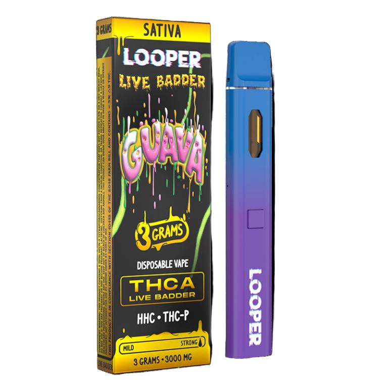 LOOPER 3 GRAM THCA LIVE BADDER + HHC + THC-P DISPOSABLE GUAVA (SATIVA) 810110044661