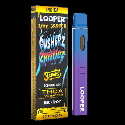 LOOPER 3 GRAM THCA LIVE BADDER + HHC + THC-P DISPOSABLE GUSHERZ ZKITTLEZ (INDICA) 810110044708