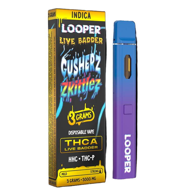 LOOPER 3 GRAM THCA LIVE BADDER + HHC + THC-P DISPOSABLE GUSHERZ ZKITTLEZ (INDICA) 810110044708