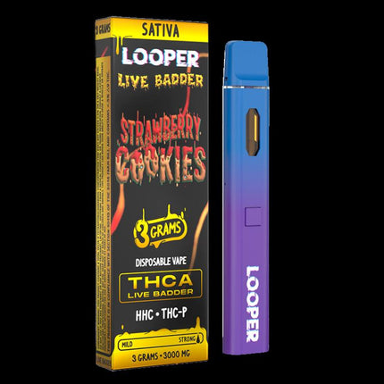 LOOPER 3 GRAM THCA LIVE BADDER + HHC + THC-P DISPOSABLE STRAWBRERY COOKIES (SATIVA) 810110044715