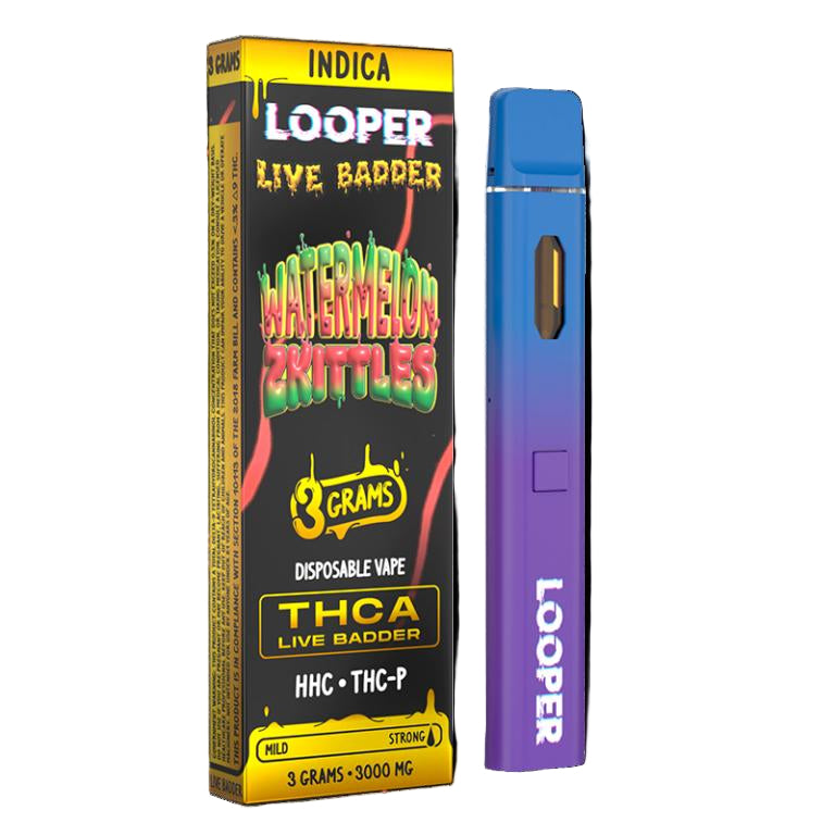 LOOPER 3 GRAM THCA LIVE BADDER + HHC + THC-P DISPOSABLE WATERMELON ZKITTLEZ (INDICA) 810110044685