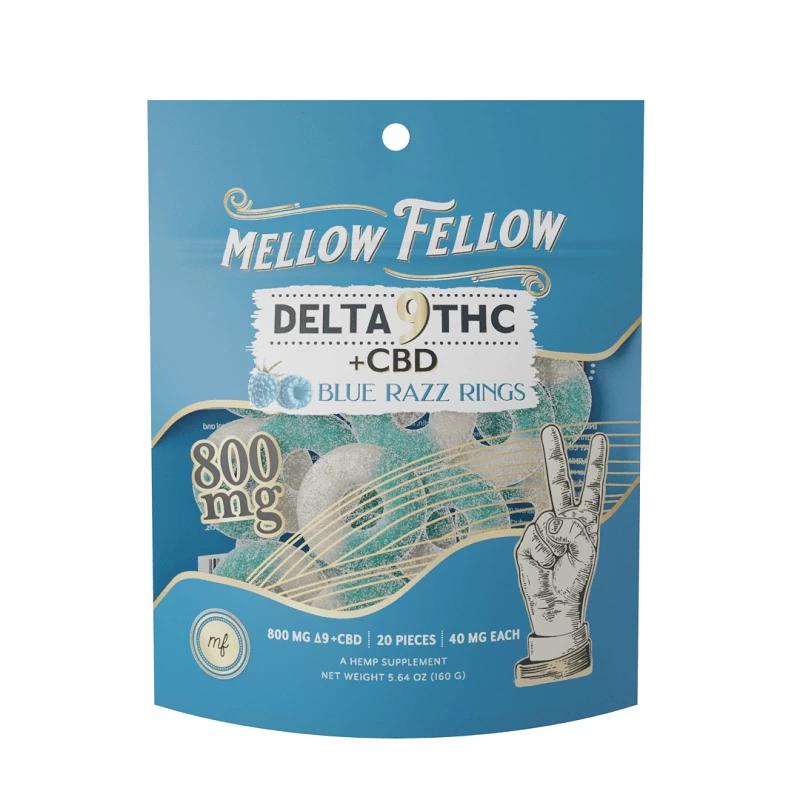 MELLOW FELLOW D9 + CBD 800MG GUMMIES BAGS BLUE RAZZ RINGS 810121200834